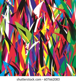 Abstract geometrical seamless pattern with complicated texture of colorful leaves. Bright multicolored ornament with tropical motifs.