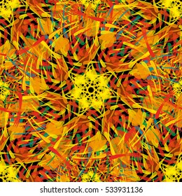 Abstract geometrical seamless pattern with fiery mandalas. Arabic, Indian, ottoman motifs.