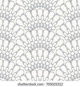 Abstract geometrical seamless pattern of scale shaped ornate elements. Stylized dotted line wallpaper of fan shaped decorations. Oriental arch ornament. Fashion textile design. Vector illustration.