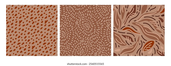 Abstract geometrical seamless pattern set in color of 2025 year Mocha Mousse. Freehand textured prints. Various shapes background For wallpaper, wrapping, textile. Backgrounds in soft brown colors