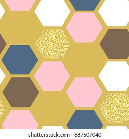 Abstract geometrical seamless pattern. Vector hexagon ornament with rose and gold colors. Simple texture, print.