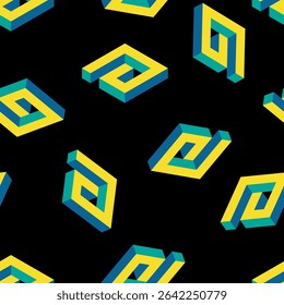 Abstract geometrical seamless pattern with yellow and blue volumetric elements of Greek ornament on a black background. Seamless optical illusion of volume. For fabric, wallpaper, home decor. Vector.