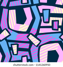 Abstract geometrical seamless rough grunge pattern, modern design template.Hipster painted style texture, poster with different doodle  lines and overlapping brush strokes.Urban bright textiles sample