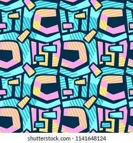 Abstract geometrical seamless rough grunge pattern, modern design template.Hipster painted style texture, poster with different doodle  lines and overlapping brush strokes.Urban bright textiles sample