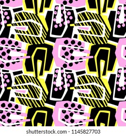Abstract geometrical seamless rough grunge pattern, modern design template.Hipster painted style texture, poster with different doodle lines and overlapping brush strokes.Urban bright textiles sample
