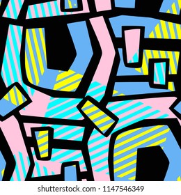 Abstract geometrical seamless rough grunge pattern, modern design template.Hipster painted style texture, poster with different doodle  lines and overlapping brush strokes.Urban bright textiles sample