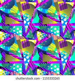 Abstract geometrical seamless rough grunge pattern, modern design template. Hipster hypebeast painted style texture, poster with different doodle elements.Urban bright youth textiles sample