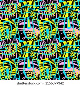 Abstract geometrical seamless rough grunge pattern, modern design template. Hipster hypebeast painted style texture, poster with different doodle elements.Urban bright youth textiles sample