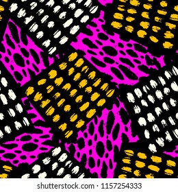 Abstract geometrical seamless rough grunge pattern, modern design template. Hipster hypebeast painted style texture, poster with different doodle elements.Urban bright youth textiles sample