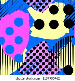 Abstract geometrical seamless rough grunge pattern, modern design template. Hipster trendy painted style texture, poster with different doodle elements.Urban bright youth textiles sample