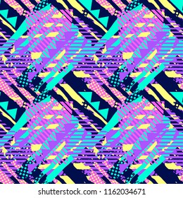 Abstract geometrical seamless rough grunge pattern, modern design template. Hipster trendy painted style texture, poster with different doodle elements.Urban bright youth textiles sample