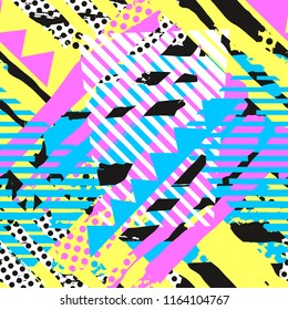 Abstract geometrical seamless rough grunge pattern, modern design template. Hipster trendy painted style texture, poster with different doodle elements.Urban bright youth textiles sample