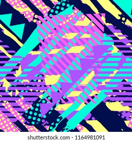 Abstract geometrical seamless rough grunge pattern, modern design template. Hipster trendy painted style texture, poster with different doodle elements.Urban bright youth textiles sample