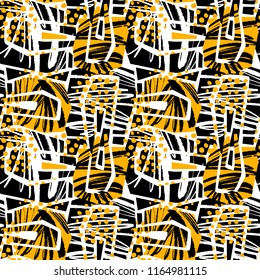 Abstract geometrical seamless rough grunge pattern, modern design template. Hipster hypebeast painted style texture, poster with different doodle elements.Urban bright youth textiles sample