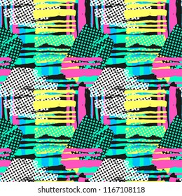 Abstract geometrical seamless rough grunge pattern, modern design template. Hipster trendy painted style texture, poster with different doodle elements.Urban bright youth textiles sample