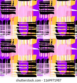 Abstract geometrical seamless rough grunge pattern, modern design template. Hipster hypebeast painted style texture, poster with different doodle elements.Urban bright youth textiles sample