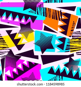 Abstract geometrical seamless rough grunge pattern, modern design template. Hipster trendy painted style texture, poster with different doodle elements.Urban bright youth textiles sample