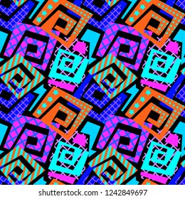 Abstract geometrical seamless rough grunge pattern, modern design template.Hipster painted style texture, poster with different doodle  lines and overlapping brush strokes.Urban bright textiles sample
