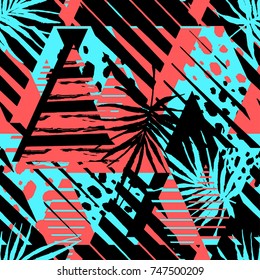 Abstract geometrical seamless rough grunge pattern, palm leaves summer funky seamless print. Hand drawn ink artistic trendy sport fashion background.Expressive ornament for textile, wrapping, decoration.  