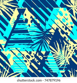 Abstract geometrical seamless rough grunge pattern,palm leaves summer funky seamless print.Hand drawn ink artistic trendy sport fashion background.Expressive ornament for textile,wrapping,decoration  