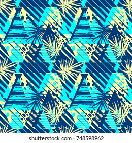 Abstract geometrical seamless rough grunge pattern, palm leaves summer funky seamless print.Hand drawn ink artistic trendy fashion background Expressive ornament for textile,wrapping, decoration  