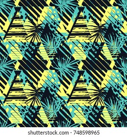 Abstract geometrical seamless rough grunge pattern, palm leaves summer funky seamless print.Hand drawn ink artistic trendy fashion background Expressive ornament for textile,wrapping, decoration  