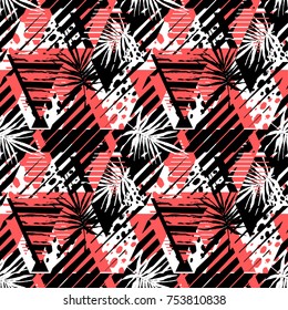 Abstract geometrical seamless rough grunge pattern, palm leaves summer funky seamless print.Hand drawn ink artistic trendy  fashion background. Expressive ornament for textile,wrapping, decoration  
