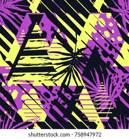 Abstract geometrical seamless rough grunge pattern, palm leaves summer funky seamless print.Hand drawn ink artistic trendy fashion background. Expressive ornament for textile,wrapping, decoration  