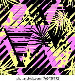 Abstract geometrical seamless rough grunge pattern, palm leaves summer funky seamless print.Hand drawn ink artistic trendy fashion background. Expressive ornament for textile,wrapping, decoration  