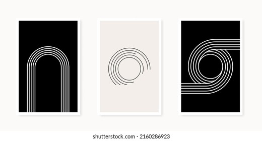 Abstract geometrical shapes poster collection. Line art. Minimalist wall decoration, print or postcard. Nordic style. Beige and black. Vector illustration, flat design
