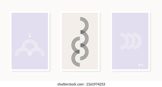 Abstract geometrical shapes poster collection. Line art. Minimalist wall decoration, print or postcard. Nordic style. Beige, violet and black. Vector illustration, flat design