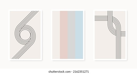 Resumen de la colección de afiches de formas geométricas. Arte de líneas. Decoración minimalista de paredes, impresión o postal. Estilo nórdico. Beige y negro. Ilustración vectorial, diseño plano