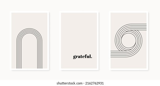 Abstract geometrical shapes poster collection. Line art. Minimalist wall decoration, print or postcard. Nordic style. Beige and black. Grateful. Vector illustration, flat design