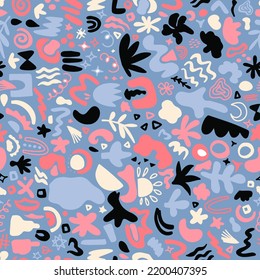 Abstract geometrical shapes seamless repeat pattern. Random placed, vector elements all over surface print on blue background.