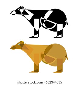 Abstract geometrical style bear. Color and black variation. Vector isolated icons