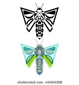 Abstract geometrical style insect. Color and black variation. Vector isolated icons