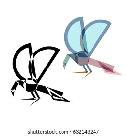 Abstract geometrical style insect. Color and black variation. Vector isolated icons