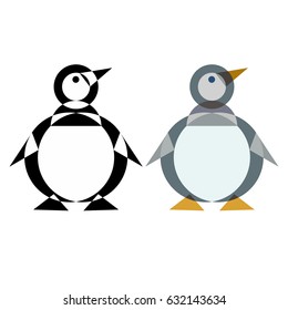 Abstract geometrical style penguin. Color and black variation. Vector isolated icons