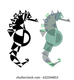 Abstract geometrical style sea horse. Color and black variation. Vector isolated icons