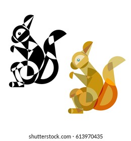 Abstract geometrical style squirrel. Color and black variation. Vector isolated icons