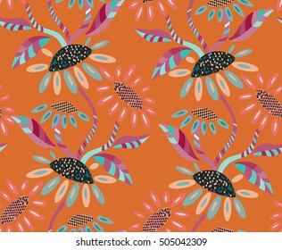 Abstract geometrical sunflower on orange.Hand drawn floral seamless background.Botanical repainting design for fabric or textile.pattern with flowers.Vintage retro colors