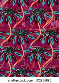 Abstract geometrical sunflower with red triangles.Hand drawn floral seamless background.Botanical repainting design for fabric or textile.Seamless pattern with flowers.Vintage retro colors