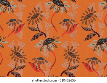 Abstract geometrical sunflower with triangles.Hand drawn floral seamless background.Botanical repainting design for fabric or textile.Seamless pattern with flowers.Vintage retro colors