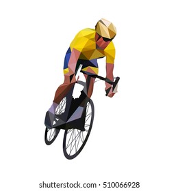 Abstract geometrical vector road cyclist in yellow jersey on his bike. Cycling polygonal figure.