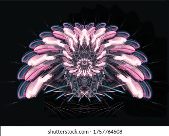 An abstract geometrical wing-like pattern design invoking rich floral notes of raspberry pink, strawberry red, & a blue-green algae.
