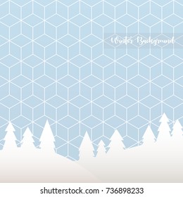 Abstract geometrical winter landscape with mountains and pine trees silhouettes. Winter background. Vector illustration