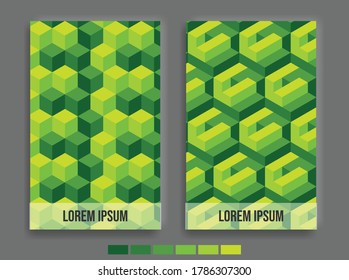 abstract geometry or 3d isometric pattern, for retro cover and poster. Collection of cool vintage covers. modern green compositions background.