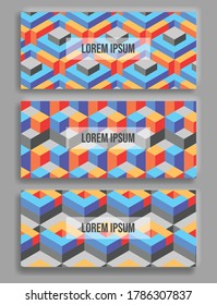 abstract geometry or 3d isometric pattern, for geometric motifs fabric and textile. Collection of cool vintage covers. modern colorful compositions background.