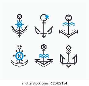 Abstract geometry anchor symbols set. Nautical icons collection. 