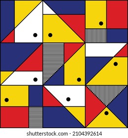Abstract geometry art inspired by Bauhaus movement and Mondrian. Red, blue, yellow vector geometric elements: triangles, circles, squares, lines. Print for textile, poster, wallpaper.